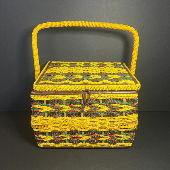 Vintage Sears Yellow & Brown Woven Wicker Hinged Lid Sewing Basket Box w/ Handle - Picture 1 of 11